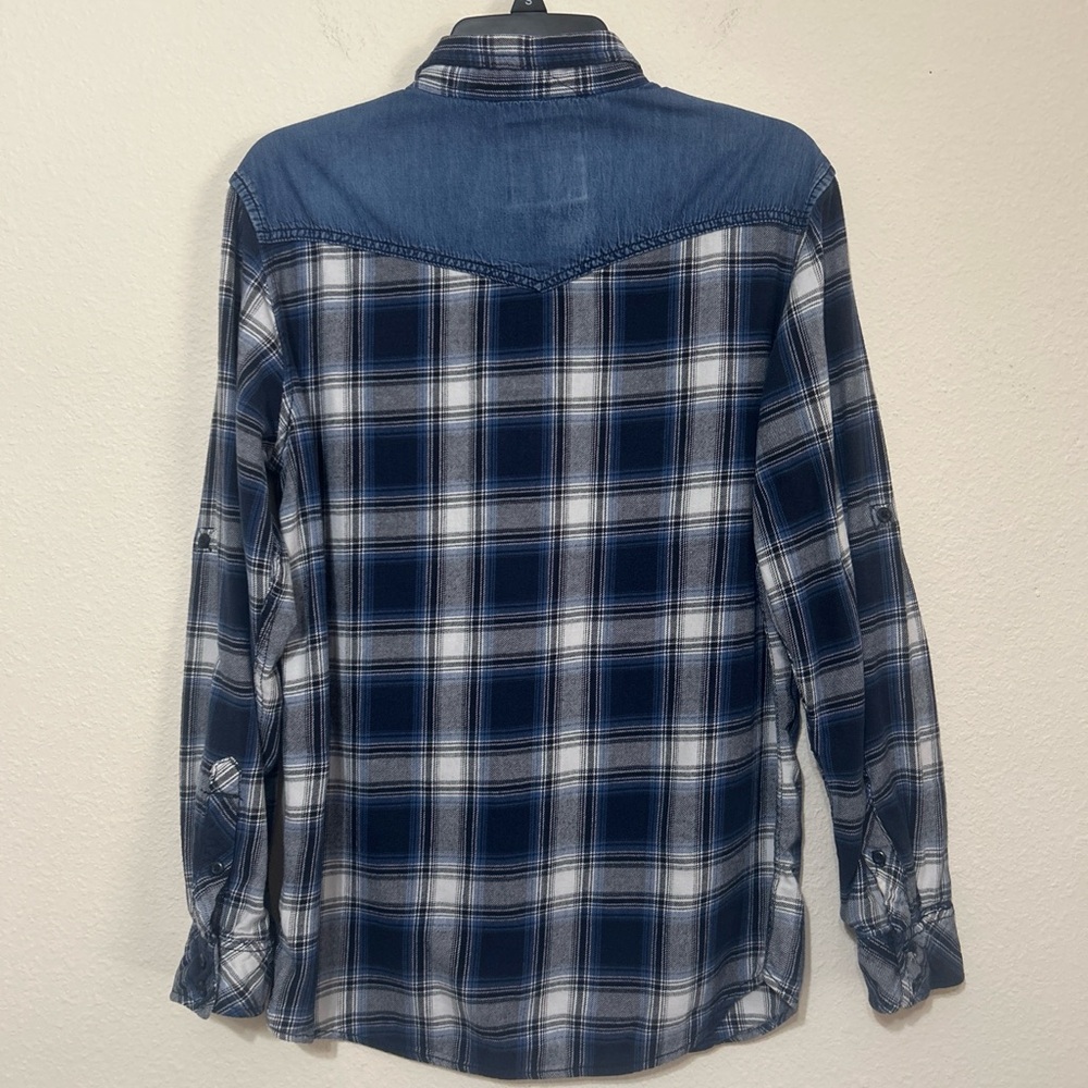 Rerun Men's Blue Plaid Flannel Button Up with Denim Yoke Accents - Picture 6 of 8